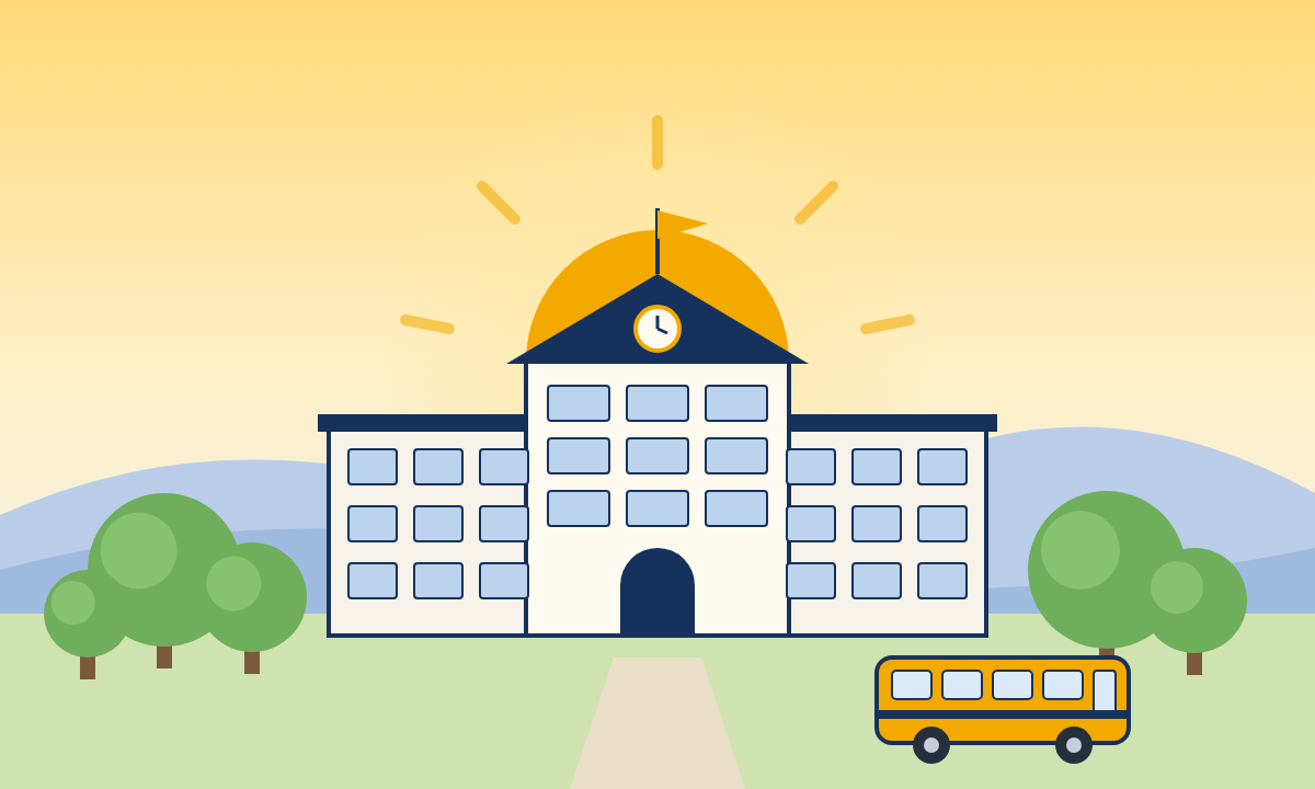 Drawing of the Sunrise campus at sunrise, with the school bus